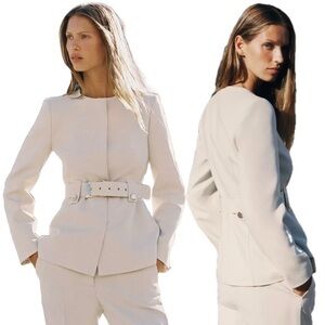 Zara This Season Cream Tailored Belted Blazer Utility Military Jacket